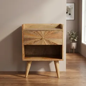 Table de chevet vintage en bois massif sculpté en forme de cube, avec un tiroir et deux compartiments, support en bois rustique pour chambre à coucher et salon - Product Image 4