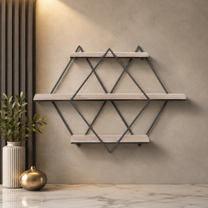 Estante de Pared Geométrico de Madera y Hierro, 3 Niveles, Polígono, Minimalista, para Sala de Estar - Product Image 1