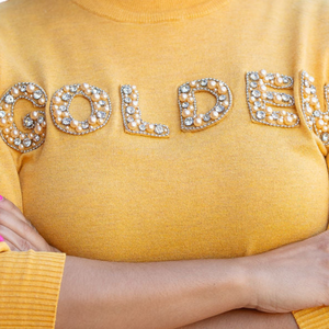   Suéter Amarillo Dorado de Manga Corta para Mujer, Jersey Bordado con Letras Griegas, Cuello Redondo, Estilo Casual, Venta al Por Mayor - Product Image 6