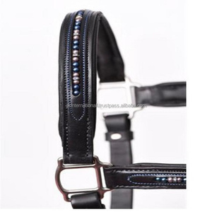 Licol de cheval en cuir de selle épais fait main populaire en noir ou havane en cuir véritable perle bleue décorative cheval licou fantaisie - Product Image 6