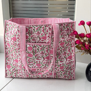 Hand-Block Printed Quilted Winter Tote Shopping Bag From India Multi-Color Floral Design Two <b>Shoulder</b> <b>Straps</b> Lining Wholesale - Product Image 1