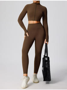 Women Yoga Set 2 Piece Crop <b>Top</b> Leggings High Waist Full Length Racerback Seamless Spandex Polyester <b>Zipper</b> Front - Product Image 6