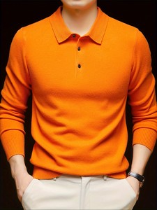 Suéter Polo para Hombre, Primavera/Otoño, Color Sólido, Cuello con Botones y Cierre de Media Abertura, Manga Larga, Estilo Casual de Negocios, Básico Diario - Product Image 5