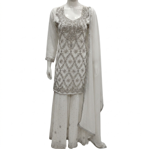 FAMUCAAS Pink Hand Embroidered Georgette Women's <b>Indian</b>/Pakistani <b>Top</b> Dress Set V Neck Long Sleeve Salwar Kameez Dupatta Quick - Product Image 5
