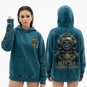 Sudadera con capucha azul verdoso personalizada para mujer, de forro polar grueso, con gráfico de buceador zombi náutico de aguas profundas, acabado desgastado, estilo urbano - Product Image 1