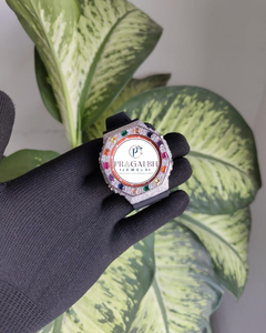 Montre de luxe pour homme en acier inoxydable avec mouvement MiYota, cadran analogique sportif et mode, sertie de diamants et de pierres précieuses multicolores - Product Image 1