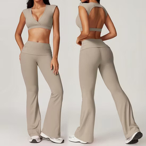 High Waist Yoga Set With Deep V Neck Crop Top And Full Length <b>Flared</b> <b>Leggings</b> Seamless Four-Way Stretch Solid Color Sport Wear - Product Image 4