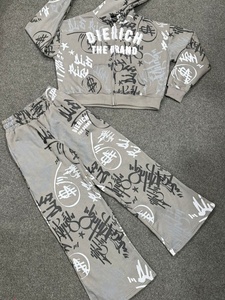 Wholesale OEM Custom Womens Fleece Tracksuit Pink Cotton <b>Zip</b> <b>Up</b> <b>Cropped</b> Hoodie Broken Heart Rhinestone Sweats Two Piece Set - Product Image 3