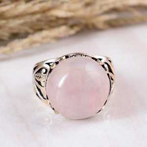 925 Sterling Silver Pink Rose <b>Quartz</b> <b>Ring</b> Boho & Hippie Style Unisex Bezel Setting Statement Jewelry - Product Image 1