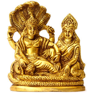 Escultura de latón de 4 pulgadas Lord Vishnu y Lakshmi sentado en Sheshnag elegante deidad hindú par escultura - Product Image 1