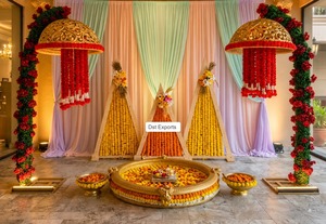 South Asian Haldi Function Stage with Traditional Decor <b>Props</b> Trending Vattna Ceremony Decoration Creative Urli Set up - Product Image 6