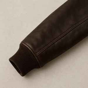 <b>MEN</b>’S BROWN <b>LEATHER</b> BOMBER <b>JACKET</b> CUSTOM LOGO ZIPPER FRONT RIB KNIT CUFFS FLAP POCKETS CASUAL STREETWEAR STYLE OEM ODM WHOLESALE - Product Image 4
