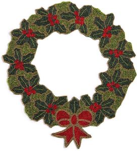 Napperon de table en perles de verre avec motif de feuilles de houx vertes et nœud rouge, idéal pour la décoration de centre de table de salle à manger pour les fêtes de Noël - Product Image 1