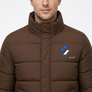 Men's Brown Puffer <b>Jacket</b> Stand Collar Zipper Closure Windproof Insulated Casual Winter 100% Polyester Material - Product Image 6