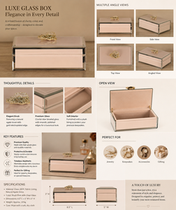 Blush <b>Pink</b> Glass Jewelry Storage Box with Natural Agate Stone Accent Gold Plated Detail Soft Interior Decorative Keepsake - Product Image 5