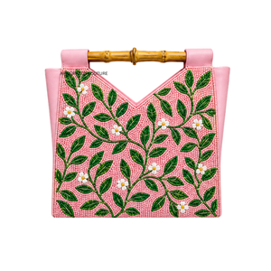 Sac fourre-tout personnalisé en perles de rocaille motif feuille rose avec poignée en bambou, fait main, tendance, décontracté, pour soirée, vente en gros - Product Image 5