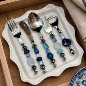 Bohemian <b>Blue</b> <b>Beaded</b> Serving Set Stainless Steel Long Handle Resin Silver Plated Mirror Polish Party Utensils - Product Image 3