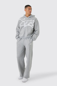 Custom Graphic Men's Grey Full <b>Zip</b> <b>Hooded</b> Tracksuit Urban Fashion Cotton Fleece Relaxed Fit Two Piece Hoodies Wholesale Supplier - Product Image 2