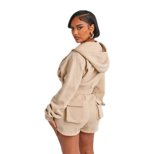 Chaquetas Cortas Casuales para Mujer con Estampado Sólido y Decoración Vintage, Sudadera con Capucha de 450 Gsm, Pantalones Cortos con Bolsillos Cargo - Product Image 2