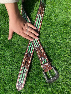 Nouvel arrivage de ceintures florales occidentales en cuir véritable usinées à la main et peintes à la main Ceintures unisexes en cuir véritable usiné à la main - Product Image 3