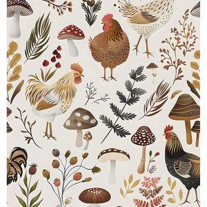 Papel Tapiz Autoadhesivo con Diseño de Gallo de Granja Beige, 17.5 x 118 Pulgadas, Papel de Contacto Removible con Diseño Floral, de Hojas y de Hongos, Mural de Estilo Pastoral - Product Image 1