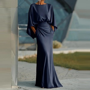 Vestido Largo de Fiesta Plisado de Cintura Alta con Cuello Redondo y Manga Murciélago, Elegante y Sexy con Bolsillos y Espalda Descubierta para Mujer - Product Image 4