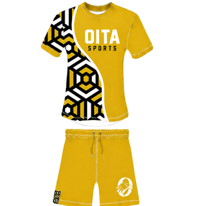 ชุดเสื้อเจอร์ซีย์รักบี้สีเหลืองมัสตาร์ด ดำ ขาว ลายเรขาคณิต พร้อมกางเกงขาสั้น แขนสั้น คอกลม ระบายอากาศได้ดี สำหรับฝึกซ้อมและแข่งขัน ทีมกีฬา  แบบสั่งทำได้ - Product Image 1