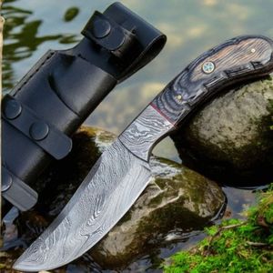 Couteaux de chasse professionnels pour l'extérieur avec lame fixe à crochet de dépecage, manche en bois, rivets en laiton et cuir marron gaufré - Product Image 1