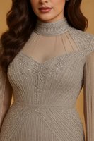 Robe de soirée sirène en polyester écologique, argentée, à sequins, avec manches courtes, décolleté cœur et traîne, style arabe, pour soirée