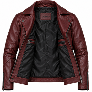 Chaqueta de Motociclista de Cuero Vacuno Genuino Color Borgoña, Cierre Asimétrico, Panel Geométrico, Unisex, Prenda Exterior para Motociclistas, Fabricación Personalizada - Product Image 5