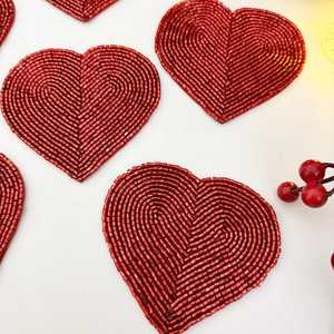 Handmade <b>Beaded</b> <b>Placemat</b> for Table Heart Shape Heat-Resistant Backing & Genuine Red Glass Beads Coaster - Product Image 2