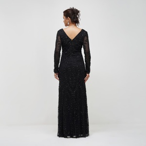 Elegant Black Sequined High-Waist Backless Lined A-Line Dress V-Neck Sleeveless <b>Floor</b>-<b>Length</b> Fitted Cocktail <b>Gown</b> Solid Front - Product Image 5