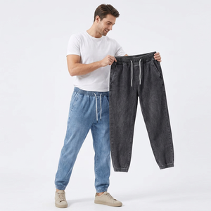 Men's Stonewashed Denim <b>Joggers</b> Drawstring Waist Loose Fit Casual Midweight Cotton Solid Color Straight Leg Breathable - Product Image 2
