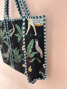 Sac fourre-tout en coton matelassé noir bohème avec imprimé animalier, sac de shopping ouvert décontracté d'été pour femmes - Product Image 2