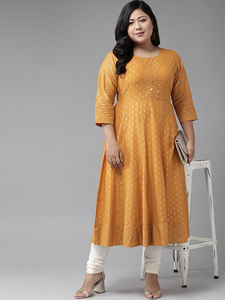 Robe de soirée formelle en coton doux à manches trois quarts et col en dentelle florale moutarde pour femme grande taille – Vente en gros - Product Image 5
