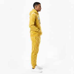 Conjunto de Sudadera con Capucha y Pantalones Deportivos para Hombre, Color Amarillo Mostaza, Lavado Ácido, Invierno, Felpa Gruesa, 100% Algodón, con Logotipo Personalizado, Servicio OEM - Product Image 3