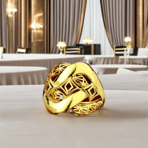 Ornate <b>Gold</b> Plated Statement <b>Ring</b> for Women | Chunky Knot Lattice Design | Luxury <b>Cocktail</b> Finger Jewelry - Product Image 1