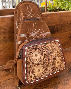 Boot Stitch Hand-tooled Tan Suede Leather Chest Bag con mochila Western Genuine Leather Floral Crossbody Sling Bags para mujer - Product Image 2