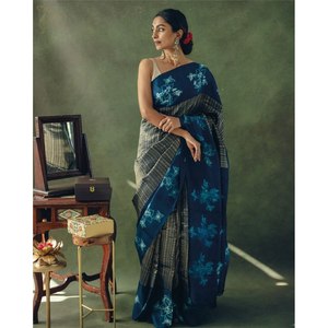 ATRACTIVO BANARASI SEDA ORO PLATA ZARI TEJIDO TRABAJO SAREE CON BLUSA SIN COSTURA TEAL - Product Image 1