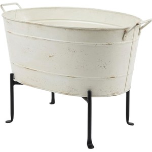 Antique White <b>Galvanized</b> Beverage <b>Tub</b> with Metal Stand Distressed Oval Ice Bucket Free Standing Wine Chiller for Backyard Party - Product Image 1