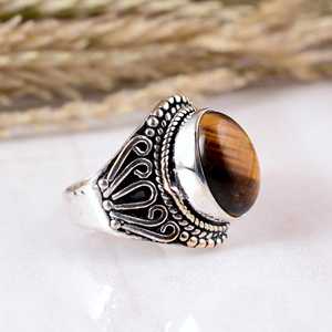 Anillo de Plata de Ley 925 con Ojo de Tigre, Hecho a Mano, Estilo Bohemio Vintage, con Hoja, Joyería de Gema, Anillo de Boda Unisex - Product Image 2