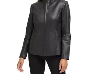 Women Oversized <b>Leather</b> <b>Jacket</b> Genuine <b>Leather</b> Loose Fit Coat Front Zip Stand Collar Casual Street Fashion Outerwear <b>Long</b> Sleeve - Product Image 3