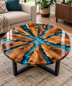 Table basse ronde en résine avec des dalles de bois à bords naturels, art de la résine époxy bleu turquoise, base en métal moderne faite à la main - Product Image 5