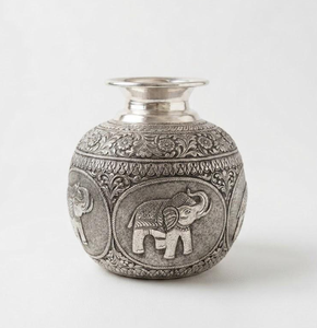 Dhatukala - Matka de cobre con relieve a mano, diseño de elefante y flores, para Pooja, Kalash de cobre para adoración, Matka de cobre tradicional india - Product Image 1