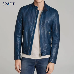 Veste en cuir véritable bleu marine pour homme de qualité supérieure, style Cafe Racer, coupe ajustée, veste de motard avec fermeture à glissière - Product Image 1