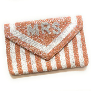 Bolso de Noche MRS Hecho a Mano con Cuentas de Seda, Color Blanco Rústico a Rayas, Cierre Magnético, Duradero, Portátil, Plegable, Capacidad de 1L - Product Image 1