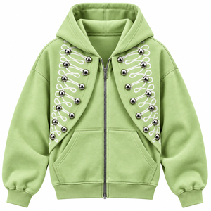 Sudadera con Capucha para Mujer, Botones Plateados, Cordones Blancos, Cierre de Cremallera Completo, Tejido de Algodón Informal, Secado Rápido, Diseño Único, Invierno - Product Image 1