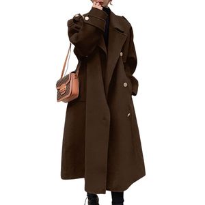 Abrigos de lana color chocolate personalizados para mujer, abrigo largo con solapa ancha, botones al frente, ropa de abrigo clásica de invierno - Product Image 2