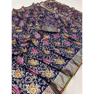 TRENDING VISCOSA TRABAJO DE TEJIDO SAREE CON BLUSA SIN COSTAR AZUL MARINO - Product Image 1