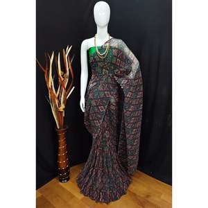 DISEÑADOR GEORGETTE IMPRESO DIGITAL SAREE CON BLUSA DESCOSADA VERDE - Product Image 1